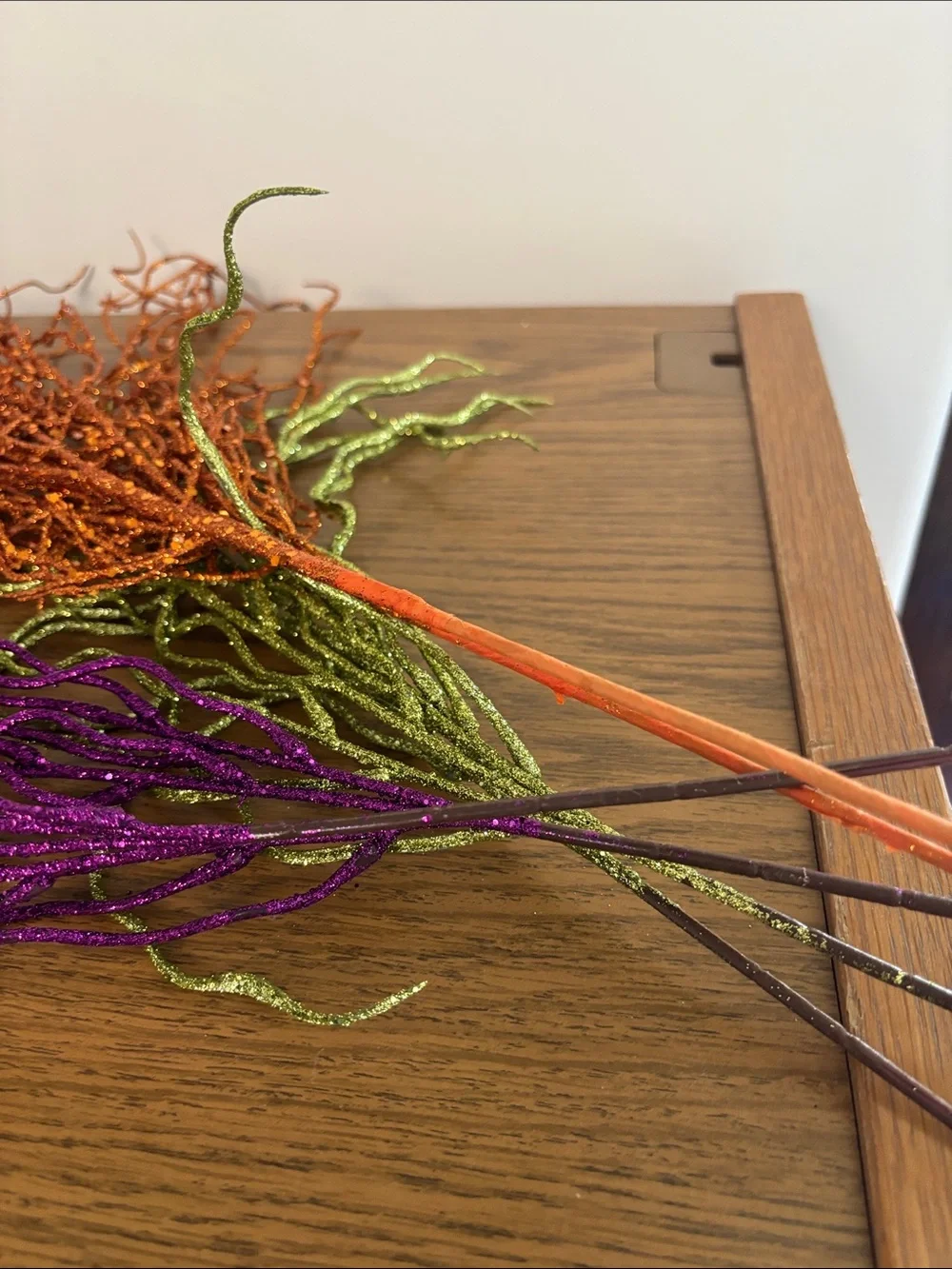 Decorative Glitter Branches in Orange, Green, and Purple - Home Accents